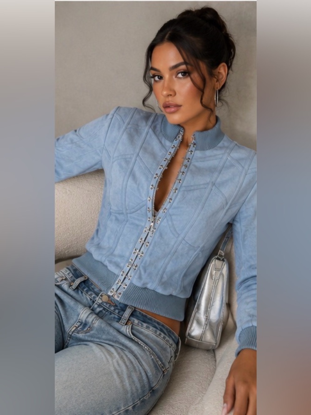 House of CB Rafal Powder Blue Faux Suede Corset Bomber Cropped Y2K S - Picture 5 of 16